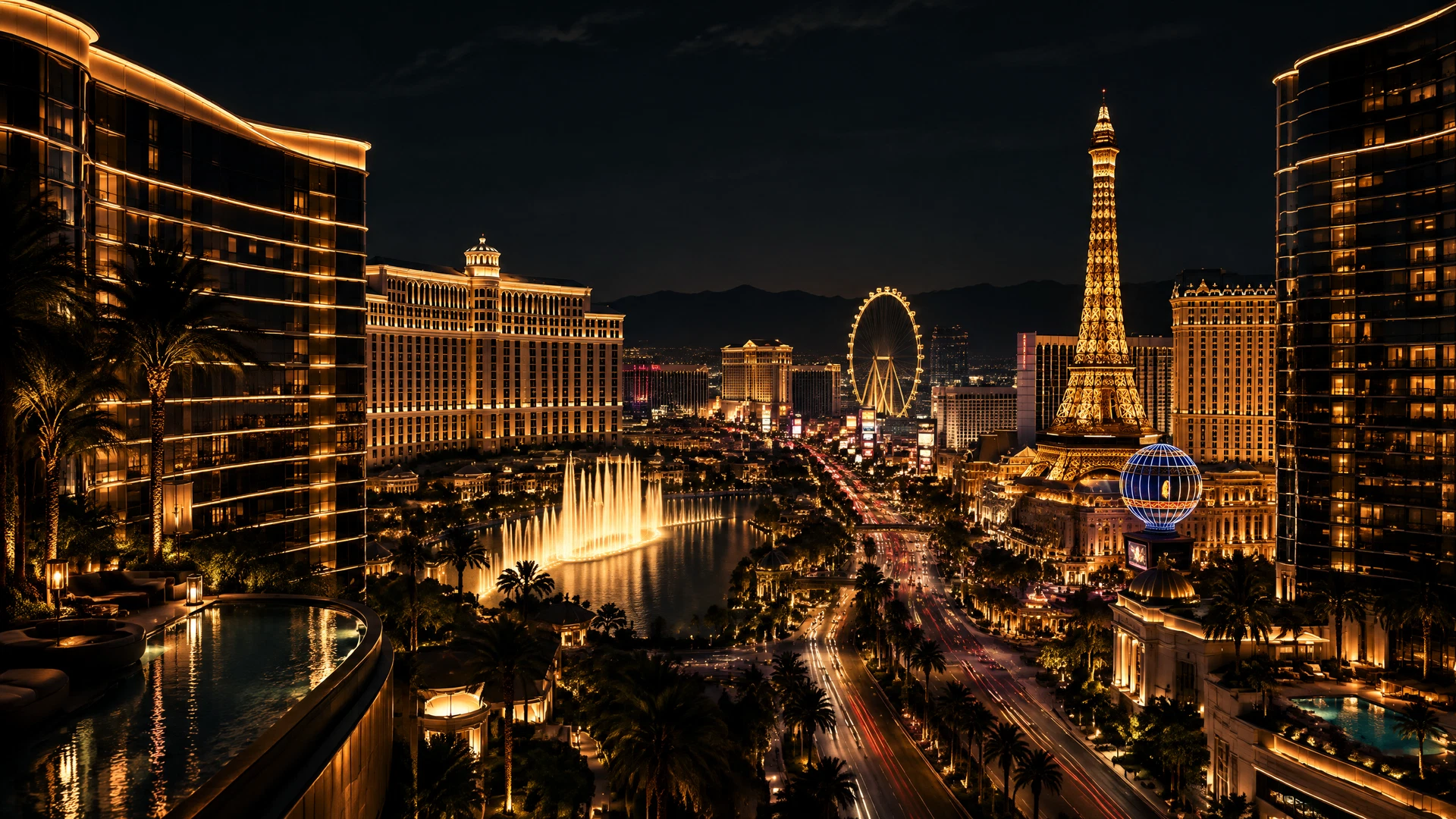 Editorial aerial view of Las Vegas Strip resort hotels at night
