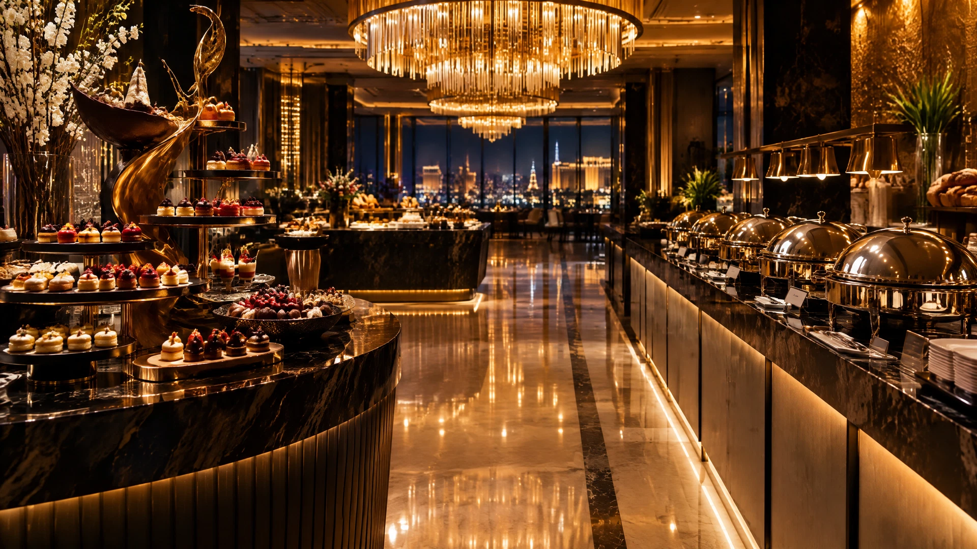 Editorial view of a refined Las Vegas hotel buffet hall