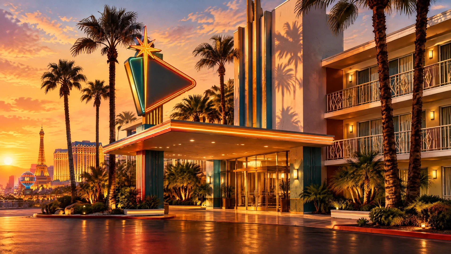 Editorial view of an affordable Las Vegas Strip hotel exterior