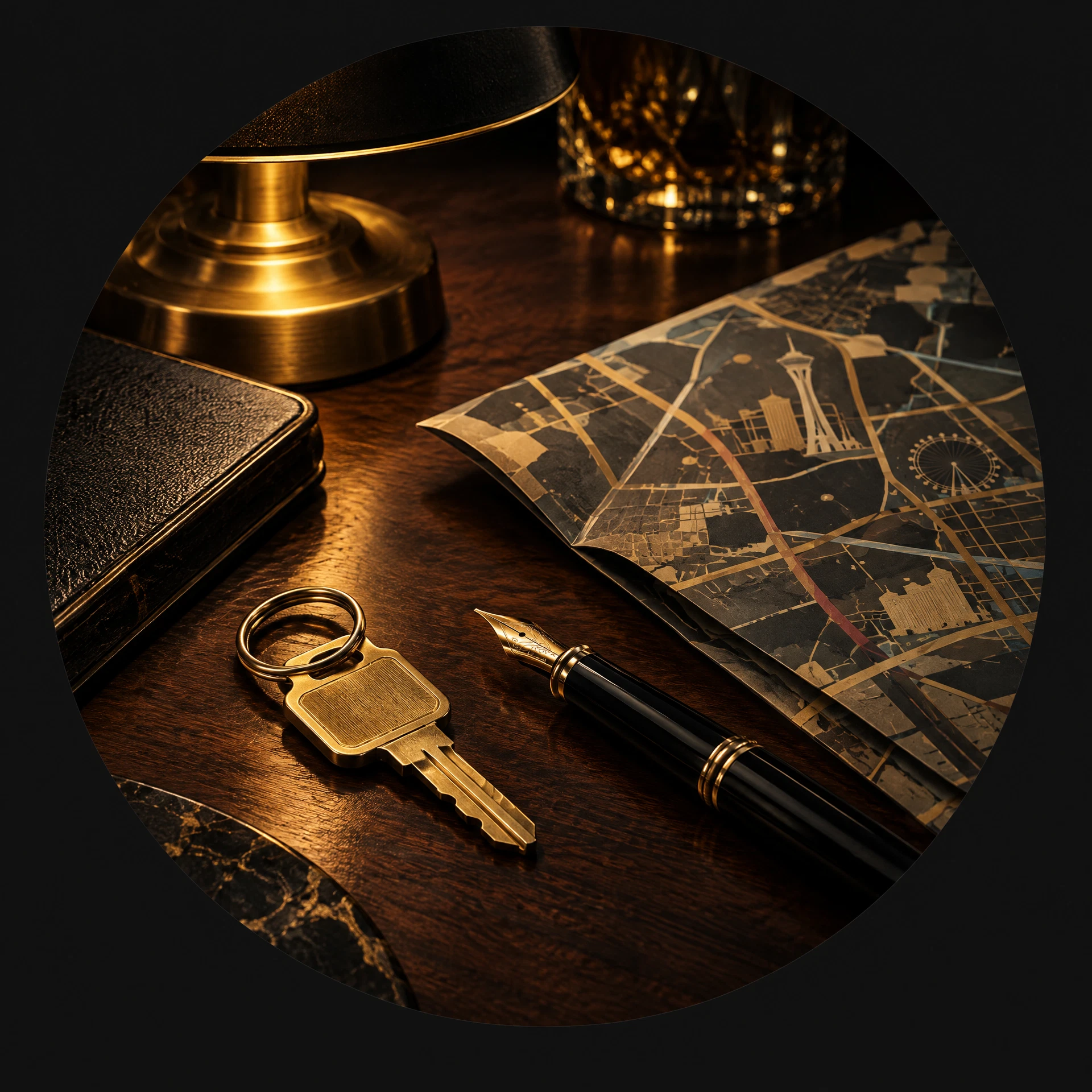 Editorial desk with a Las Vegas hotel key and travel notes