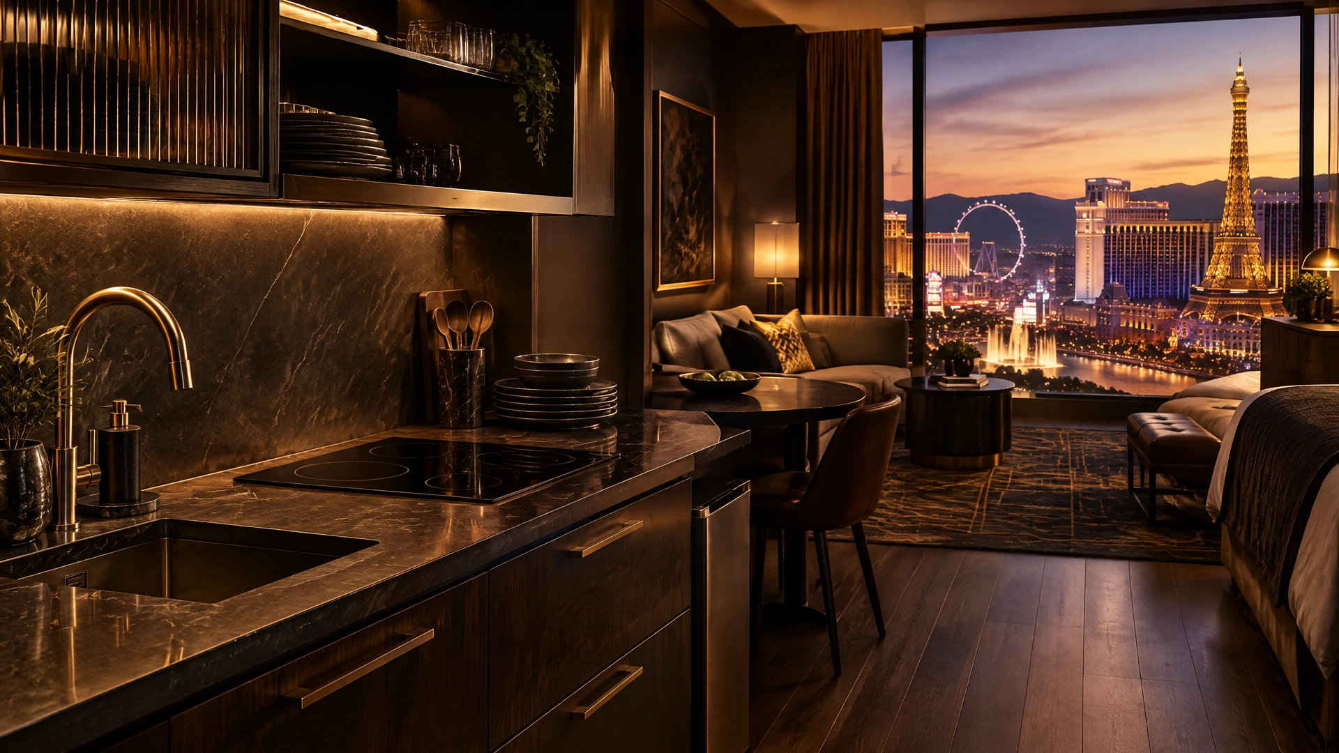 Editorial view of a Las Vegas hotel suite kitchenette