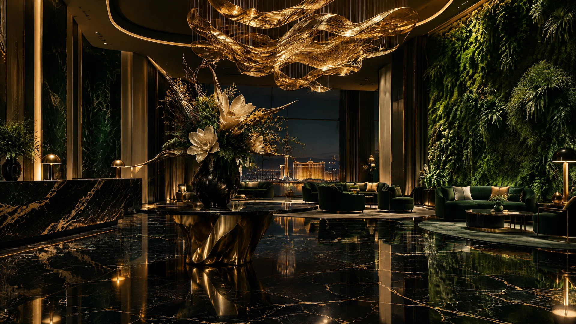 Editorial view of an ultra-luxury Las Vegas hotel lobby