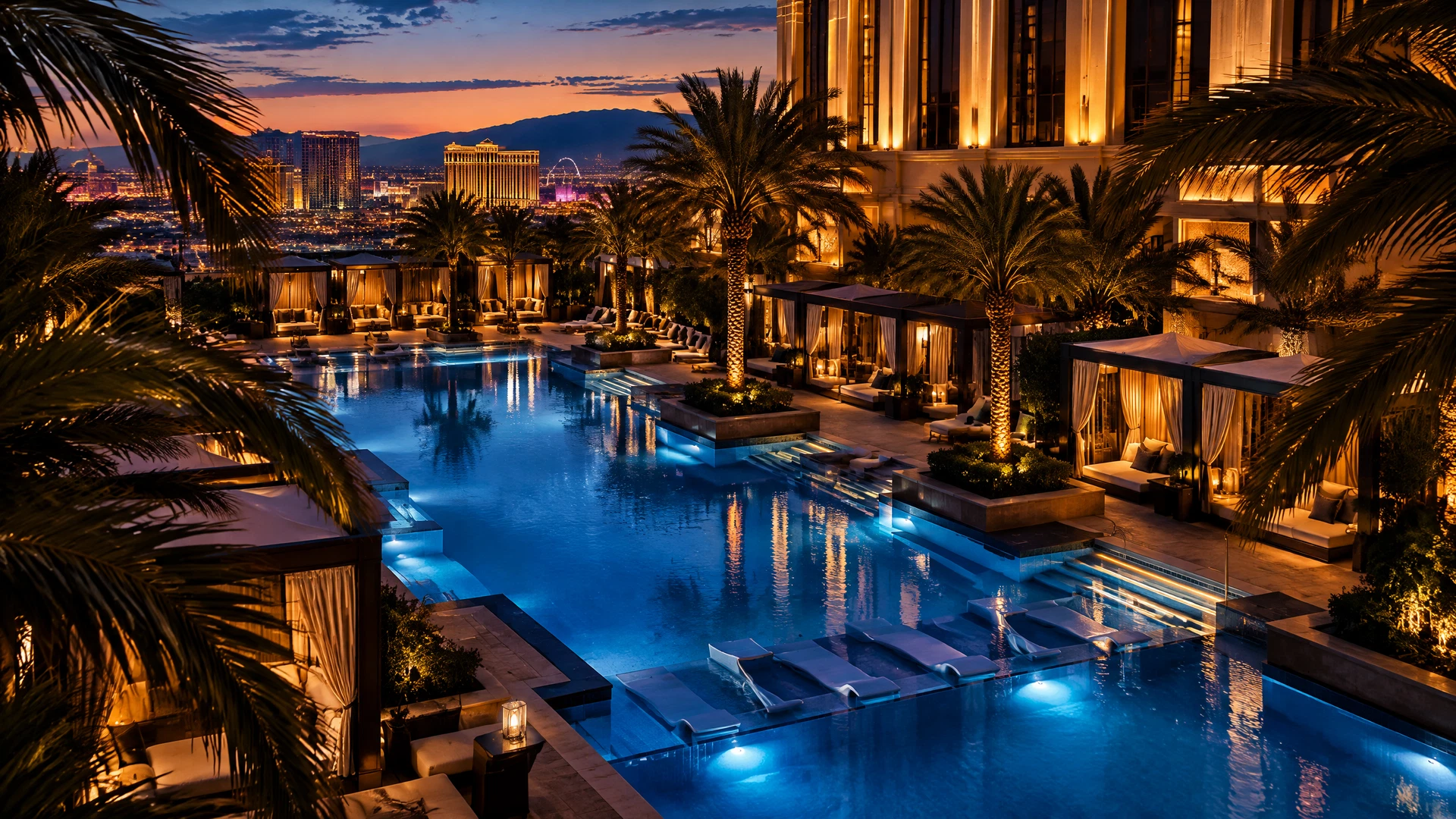 Editorial twilight view of a Las Vegas resort pool and cabanas