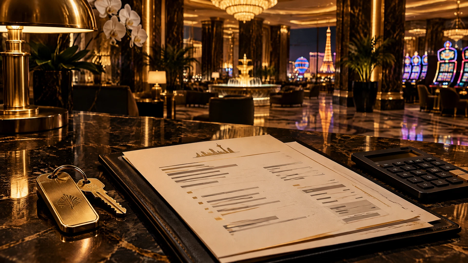 Editorial hotel checkout desk for a Las Vegas resort-fee comparison