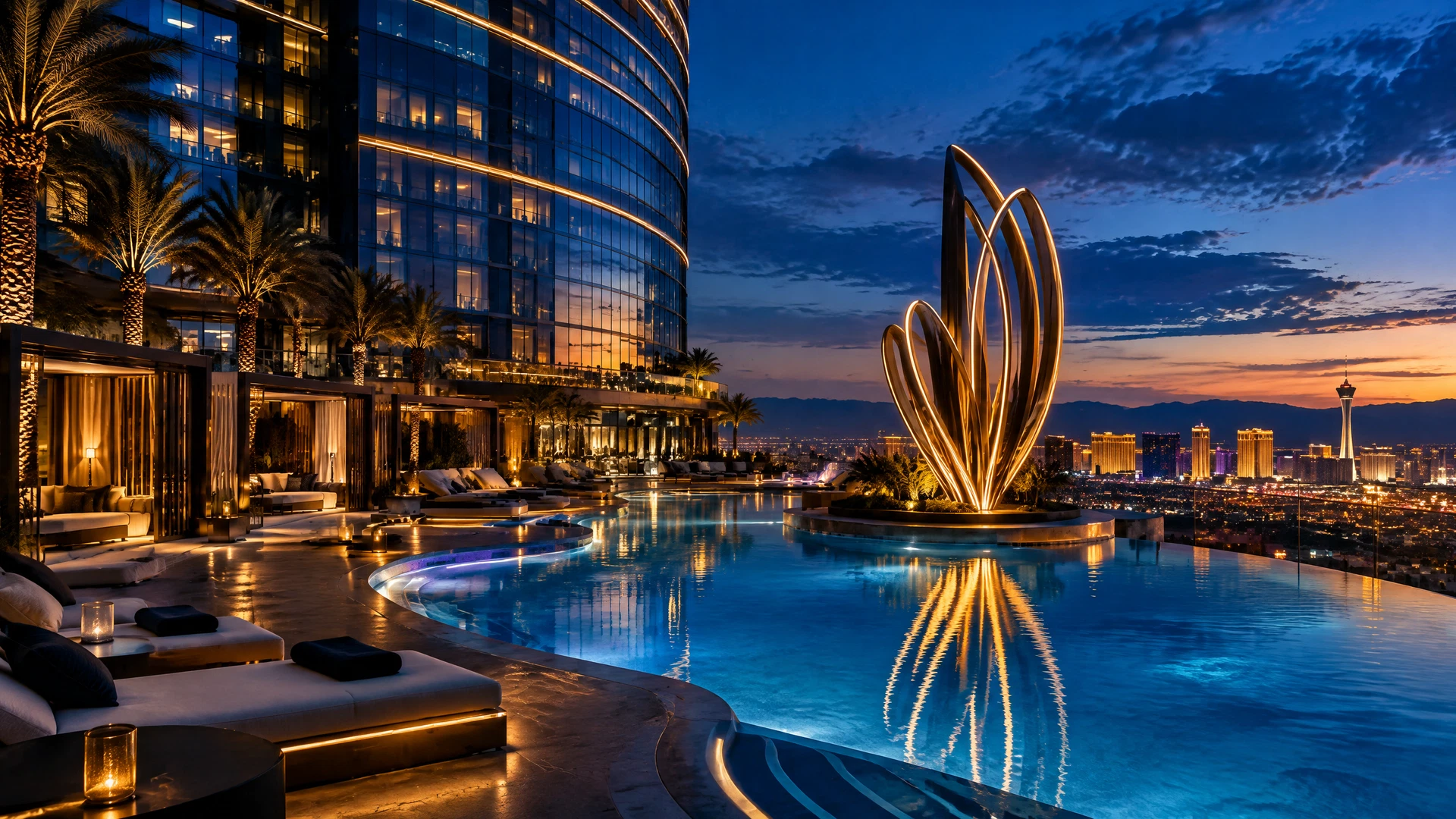 Editorial view of a modern Las Vegas resort tower and pool deck