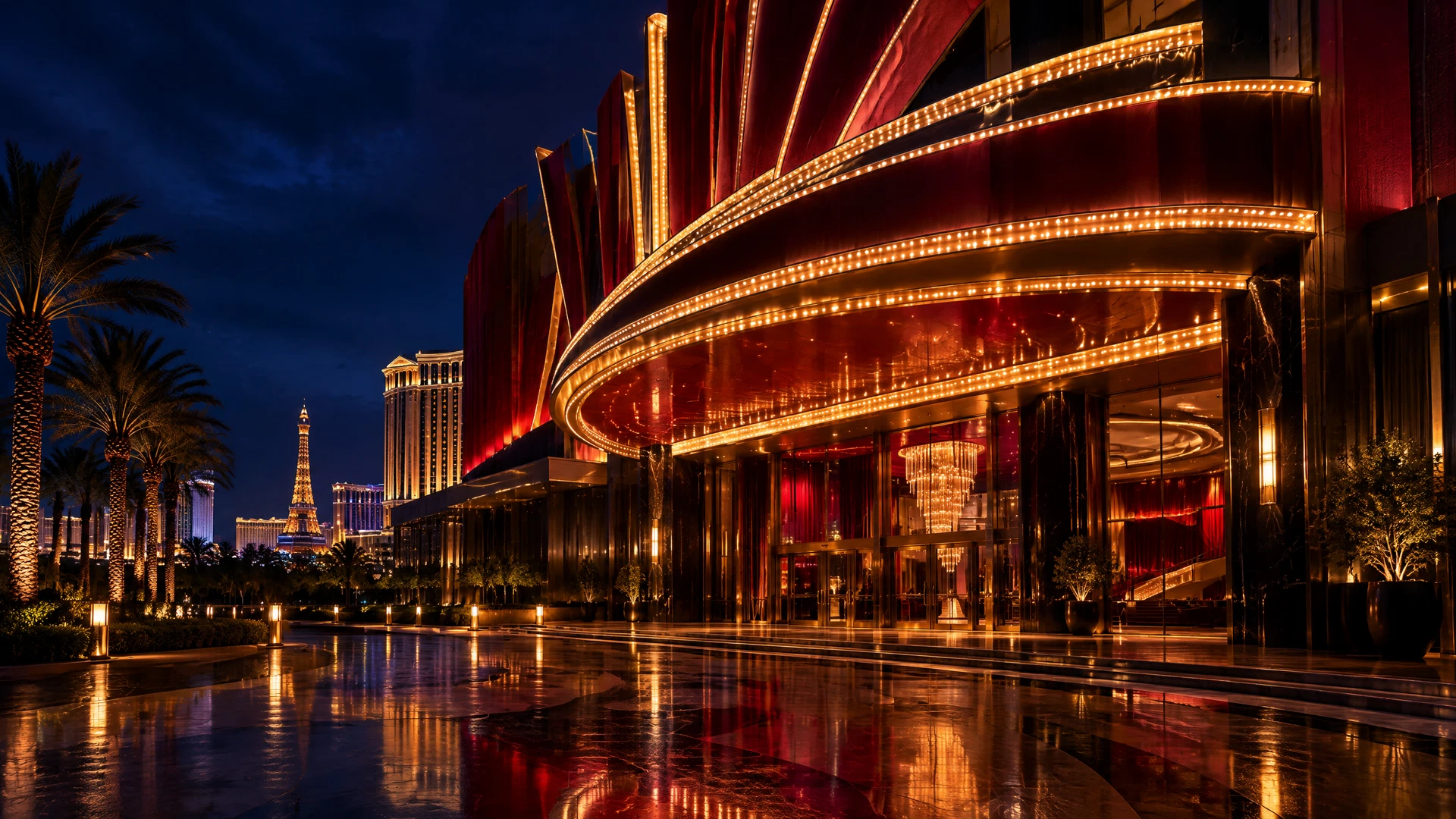 Editorial view of a grand Las Vegas theatre exterior at night