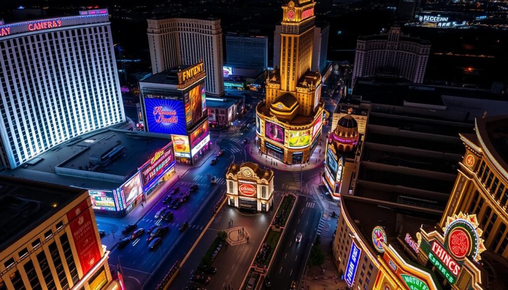 Aerial view of Downtown Las Vegas hotels and the Fremont Street Experience at night