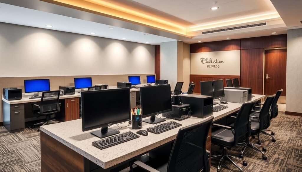 Business center in hotel near Harry Reid Airport with workstations
