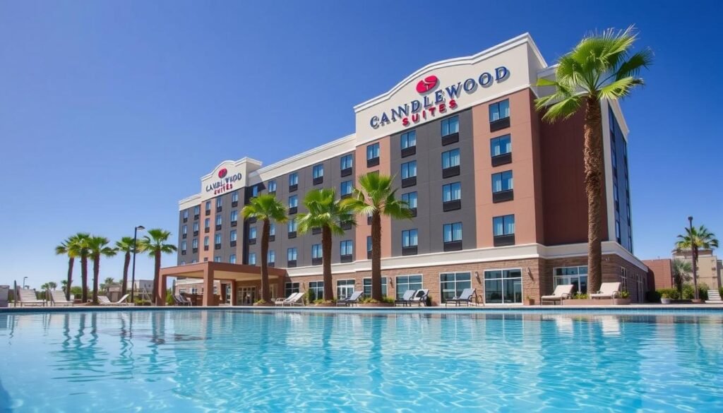 Candlewood Suites Las Vegas exterior with pool near Harry Reid Airport
