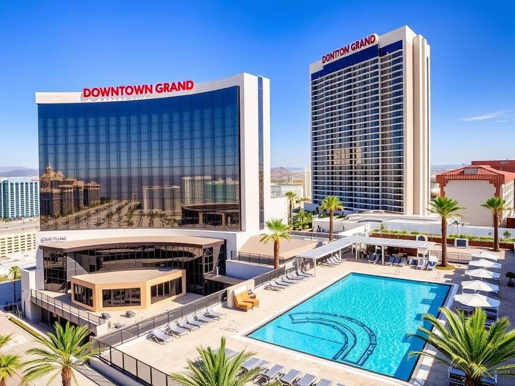 Downtown Grand Hotel & Casino exterior and pool deck in Downtown Las Vegas