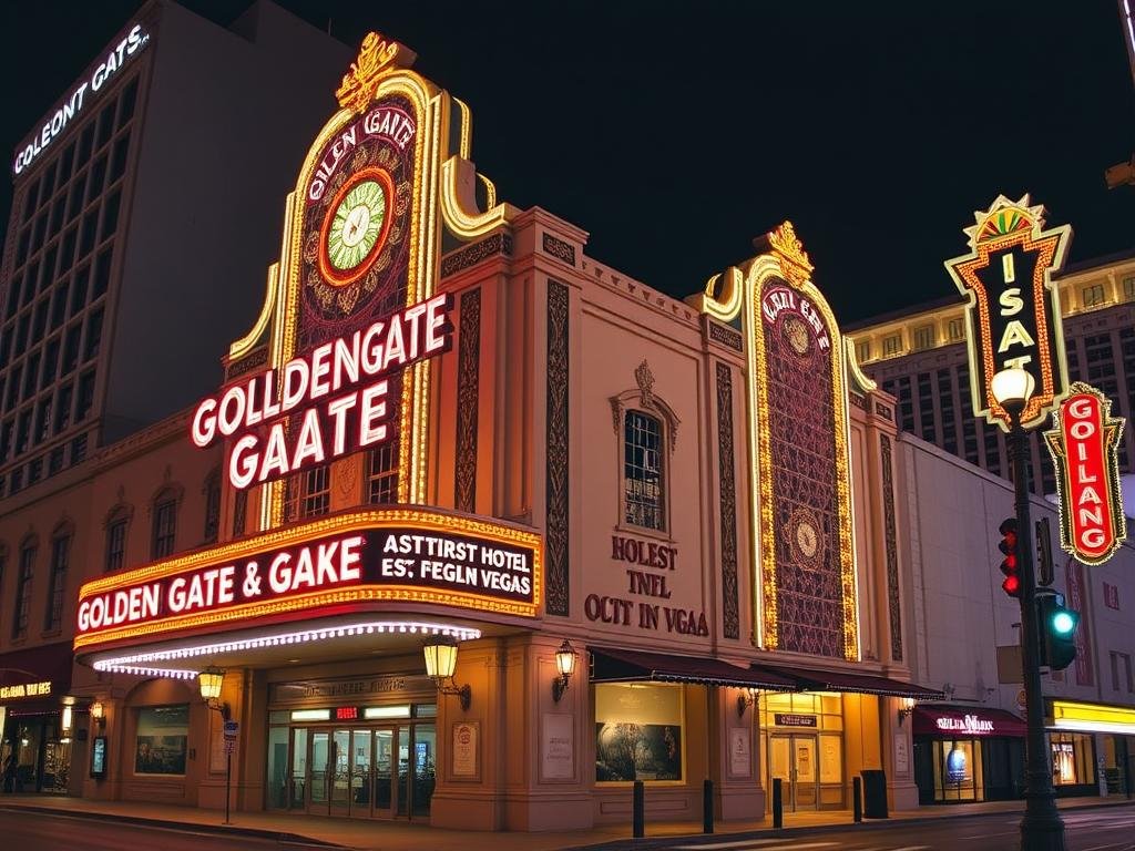 Golden Gate Hotel & Casino exterior and vintage facade in Downtown Las Vegas