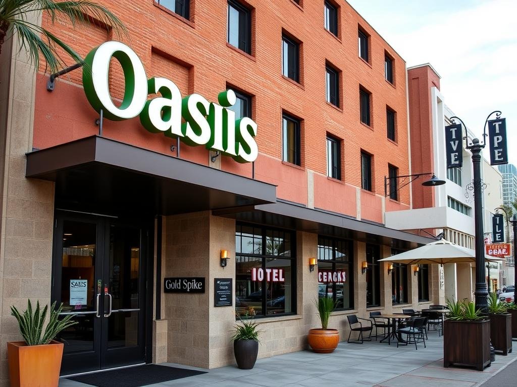 Oasis at Gold Spike boutique hotel exterior in Downtown Las Vegas