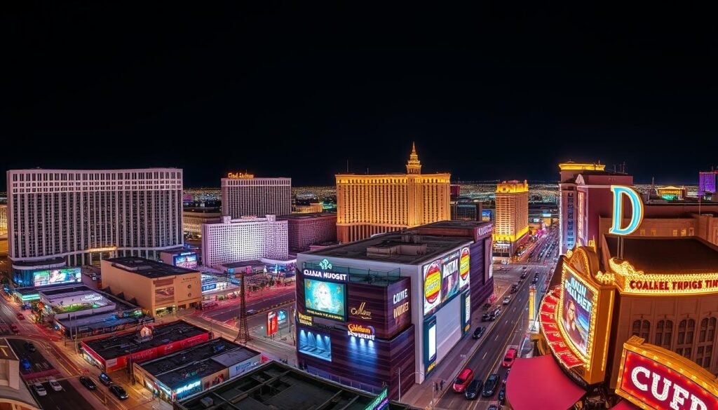 Panoramic night view of Downtown Las Vegas hotels and the Fremont Street Experience