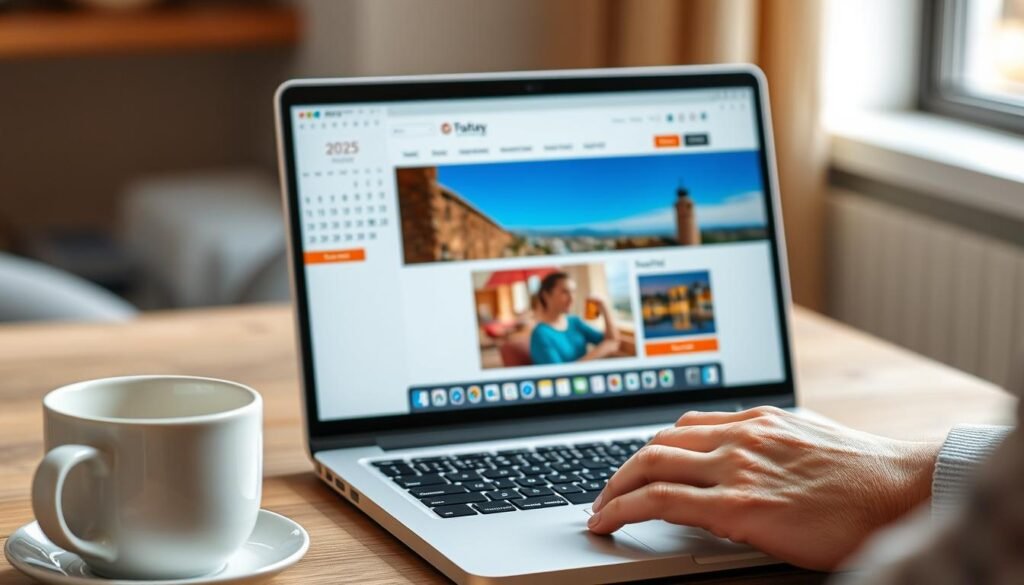 Person booking hotel on laptop with calendar showing 2025 dates