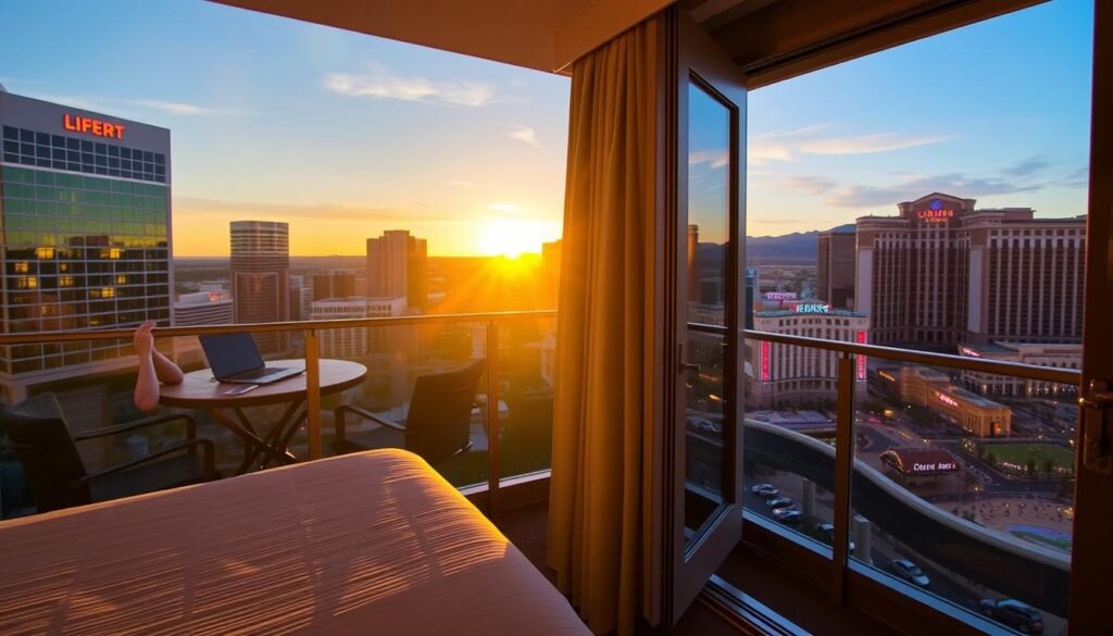 Person enjoying fresh air on a Las Vegas hotel balcony