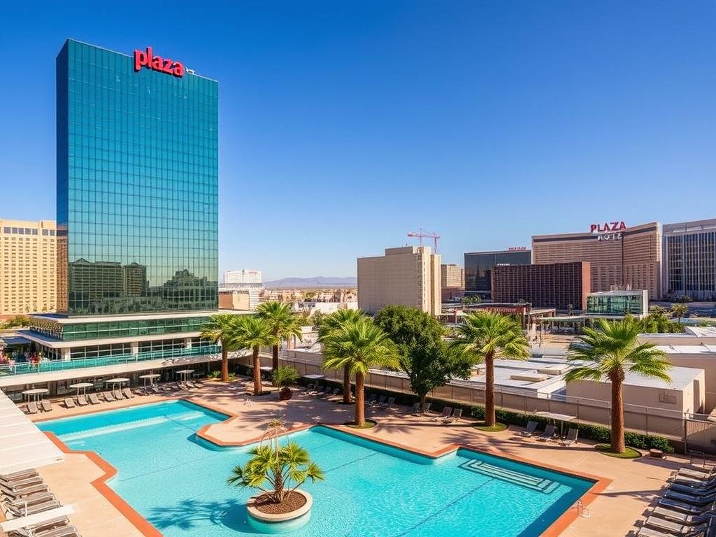 Plaza Hotel & Casino exterior and pool area in Downtown Las Vegas