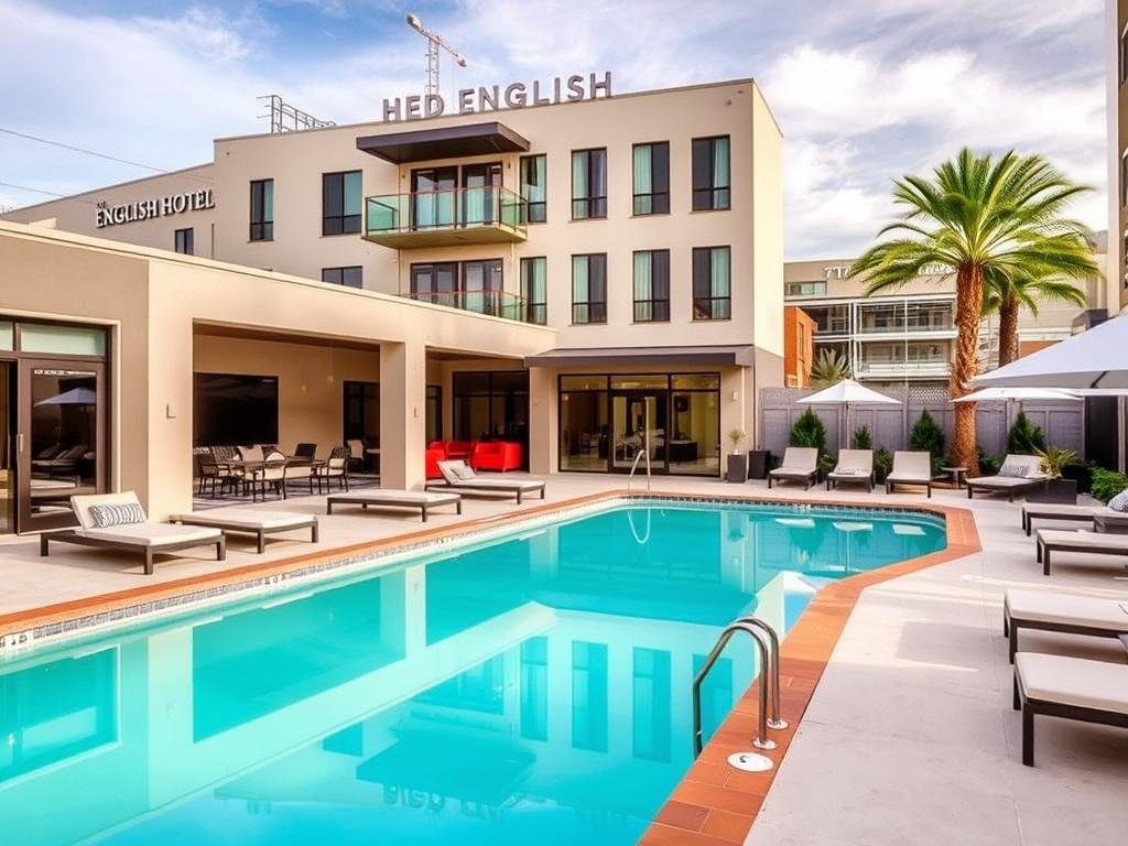 The English Hotel exterior and pool area in Downtown Las Vegas Arts District