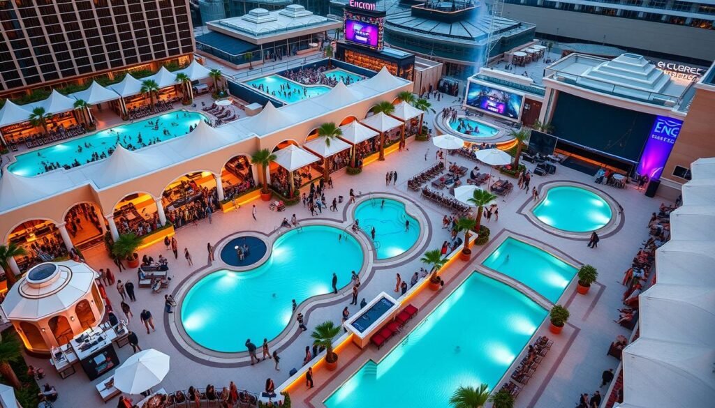Aerial view of Encore Beach Club during a day party