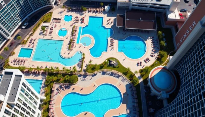 Aerial view of Las Vegas Strip hotels with luxurious pools in 2026