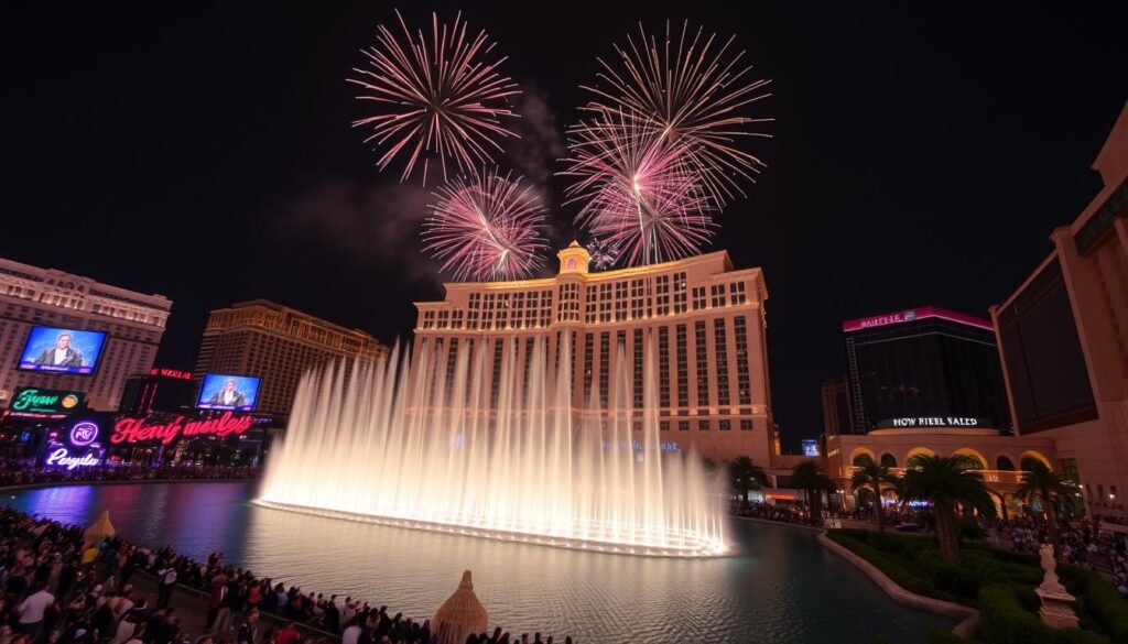 Bellagio Hotel fountains with New Year's Eve fireworks display in Las Vegas
