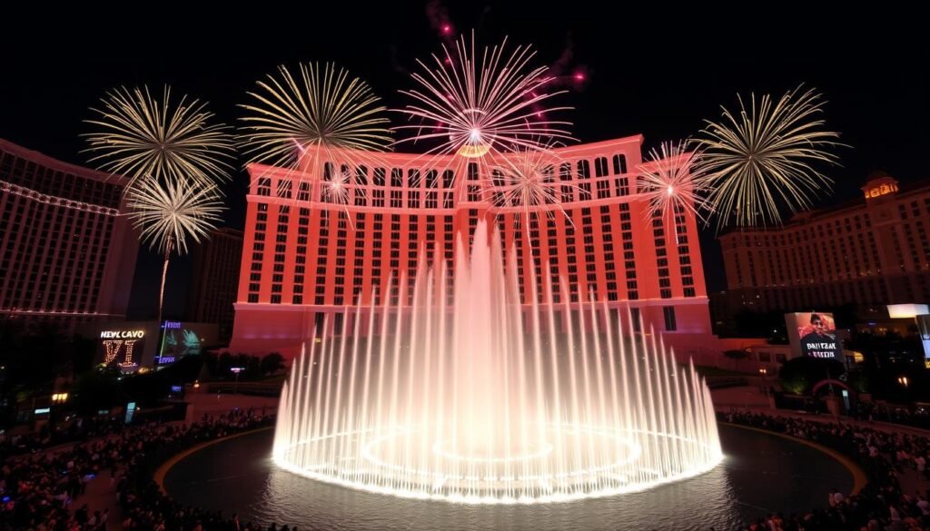Bellagio fountains with New Year's Eve fireworks display
