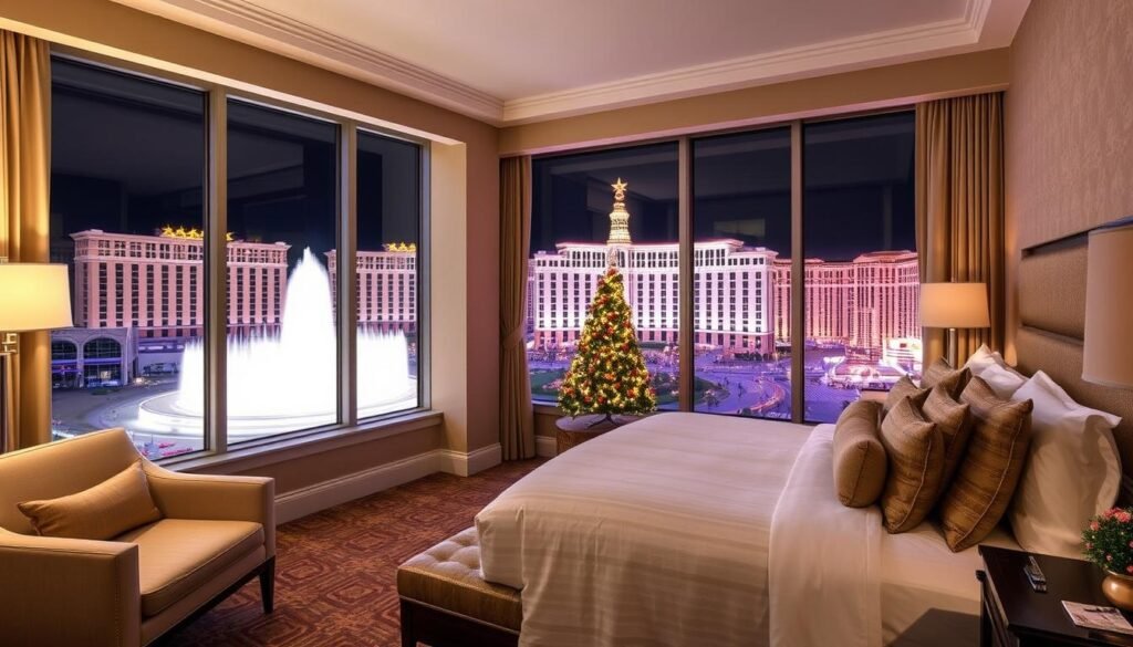 Bellagio hotel room with fountain view for New Year's Eve in Las Vegas