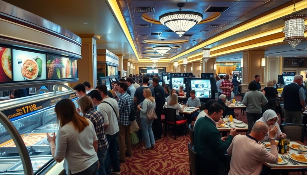 Busy Las Vegas buffet with diners and food stations showing peak dining time at a popular best buffet in Las Vegas