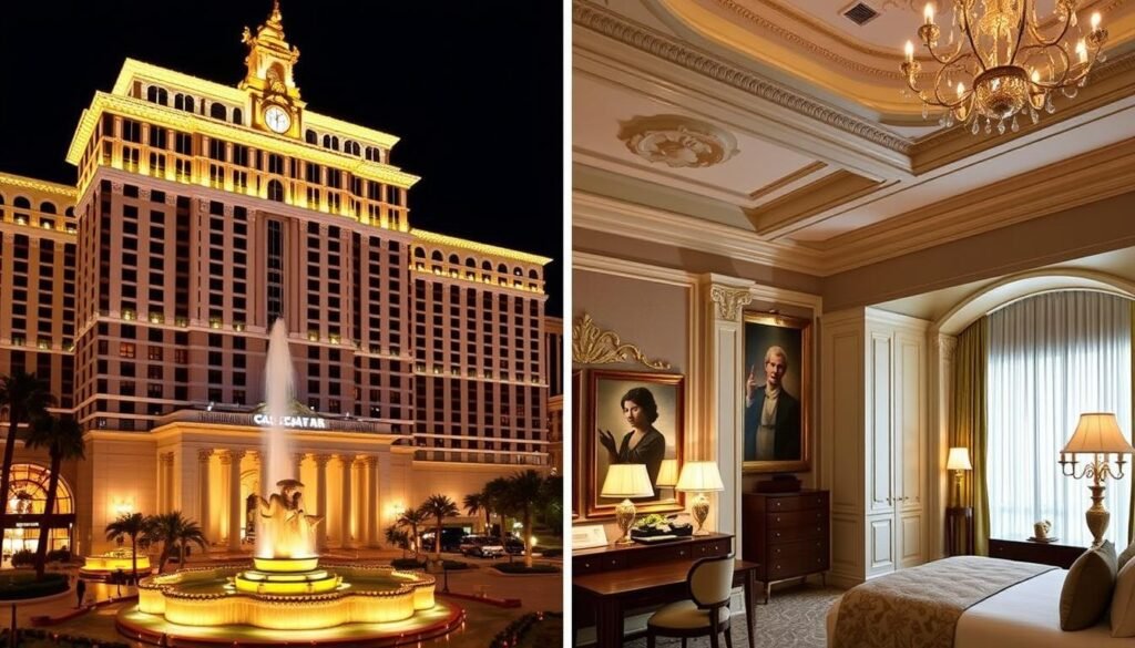Caesars Palace hotel exterior and luxury suite for New Year's Eve