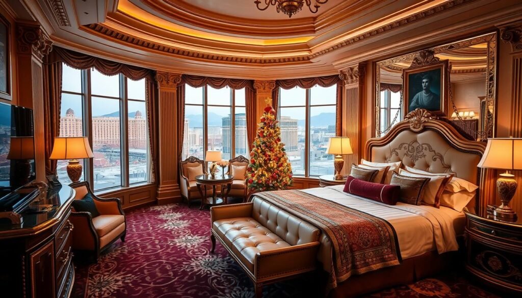 Caesars Palace hotel room with New Year's Eve view of the Las Vegas Strip