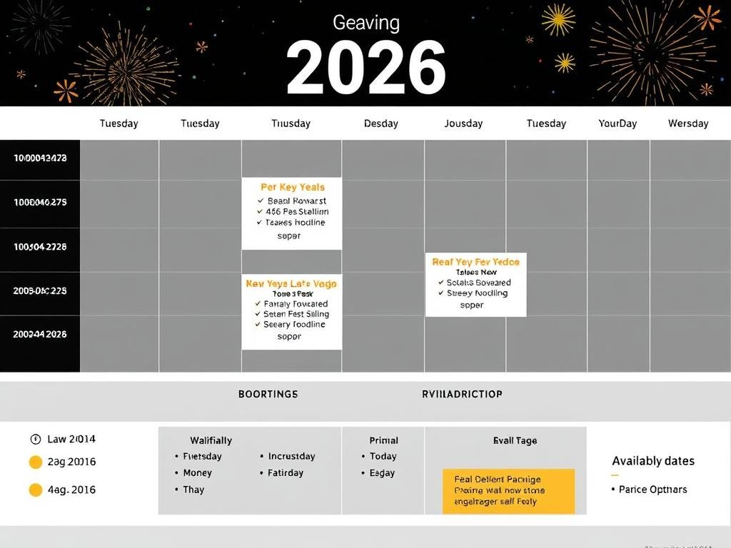 Calendar showing booking timeline for 2026 NYE Vegas hotel packages