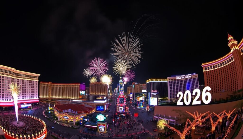 Celebratory New Year's Eve scene in Las Vegas with fireworks and 2026 displayed