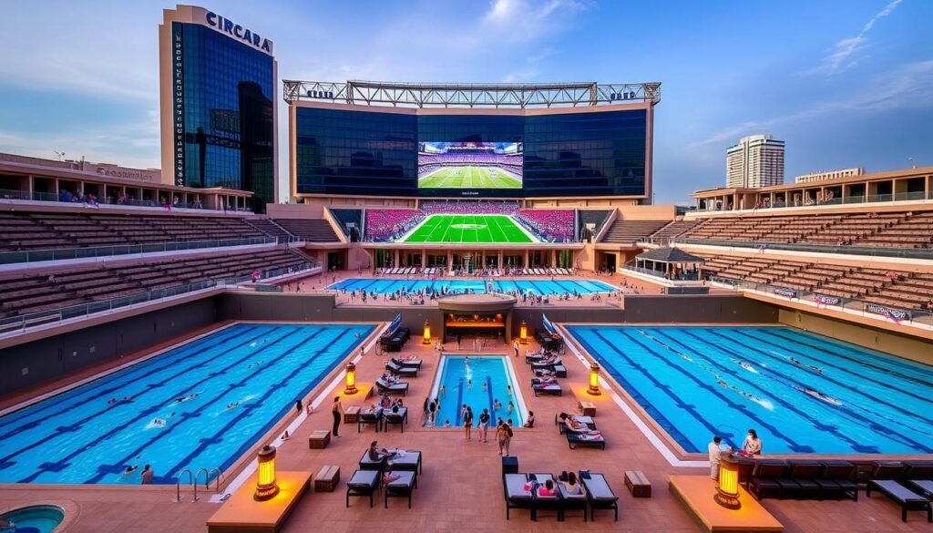 Circa's Stadium Swim multi-level pool complex with giant screens in Las Vegas