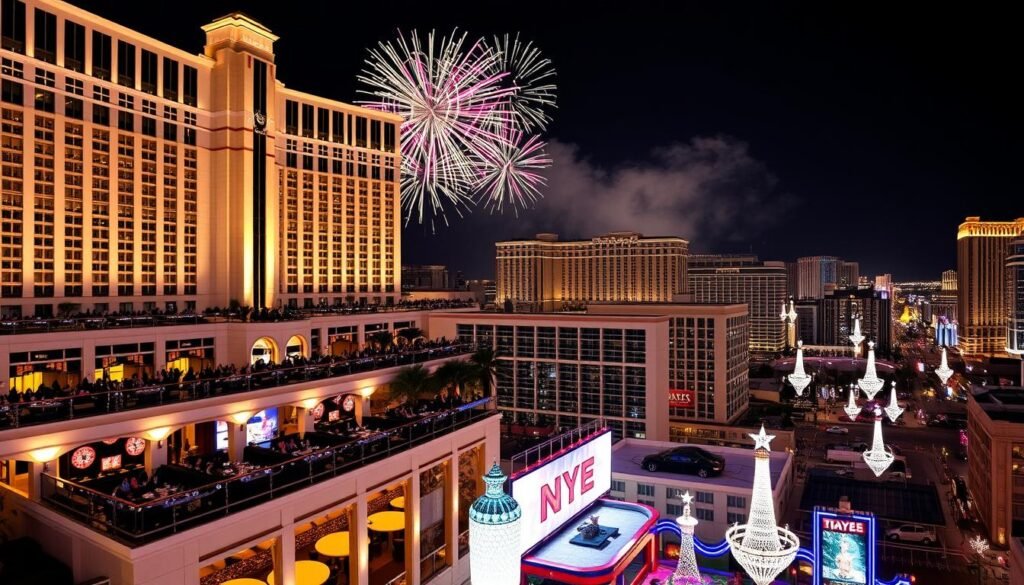 Cosmopolitan Las Vegas hotel with New Year's Eve decorations and fireworks view