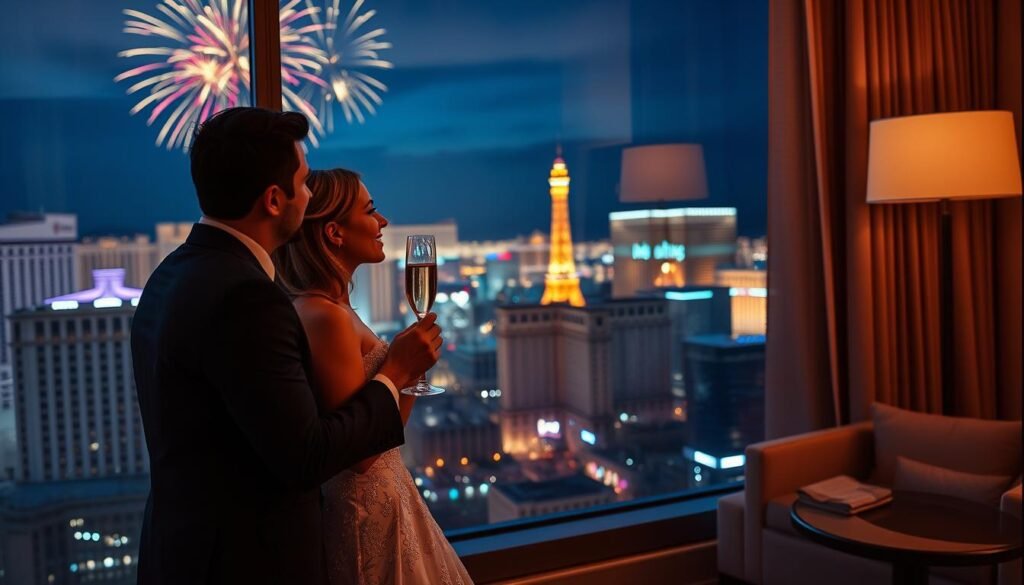 Couple celebrating 2026 New Year in Las Vegas luxury hotel
