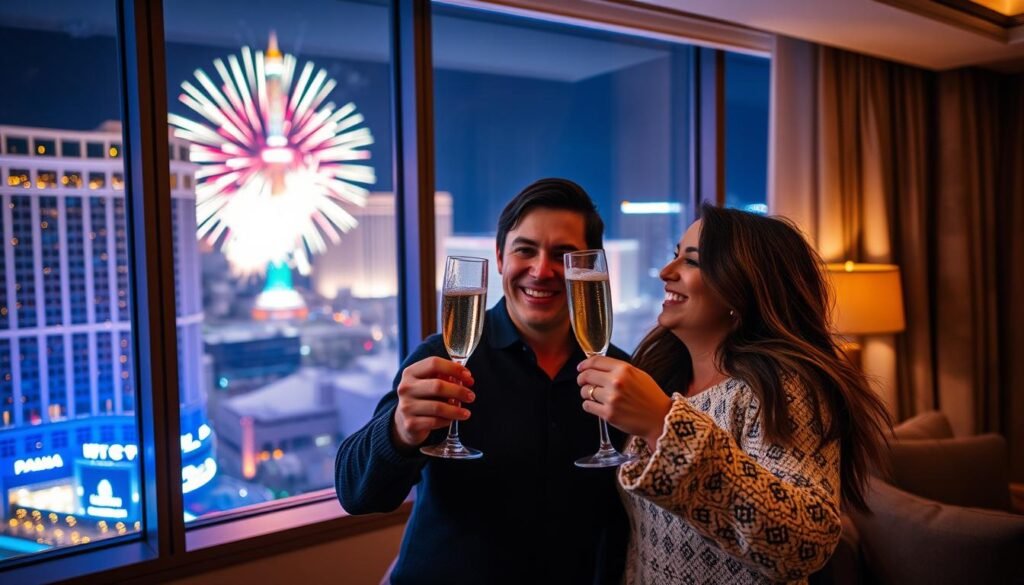 Couple celebrating New Year's Eve with champagne toast at Las Vegas hotel room with Strip view