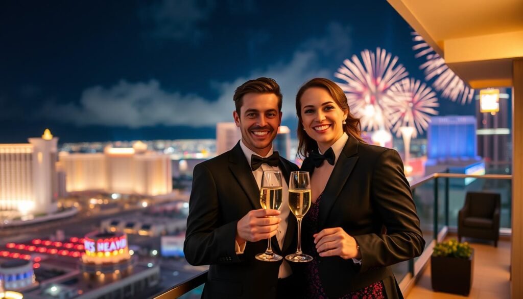 Couple celebrating New Year's Eve with champagne toast on Las Vegas hotel balcony with fireworks view