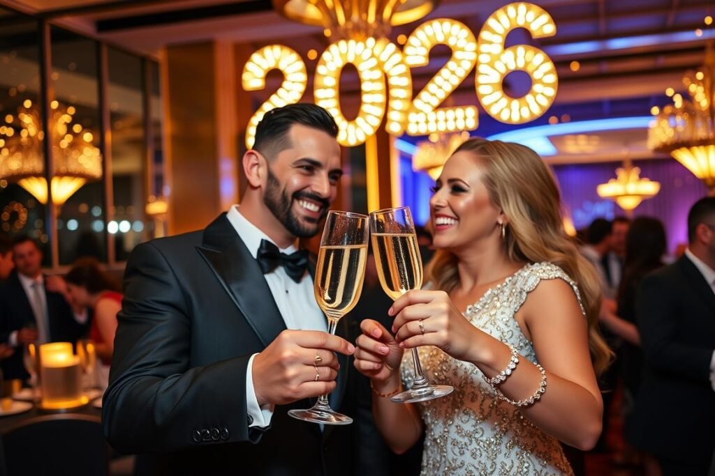Couple celebrating with champagne toast at a 2026 NYE Vegas hotel party