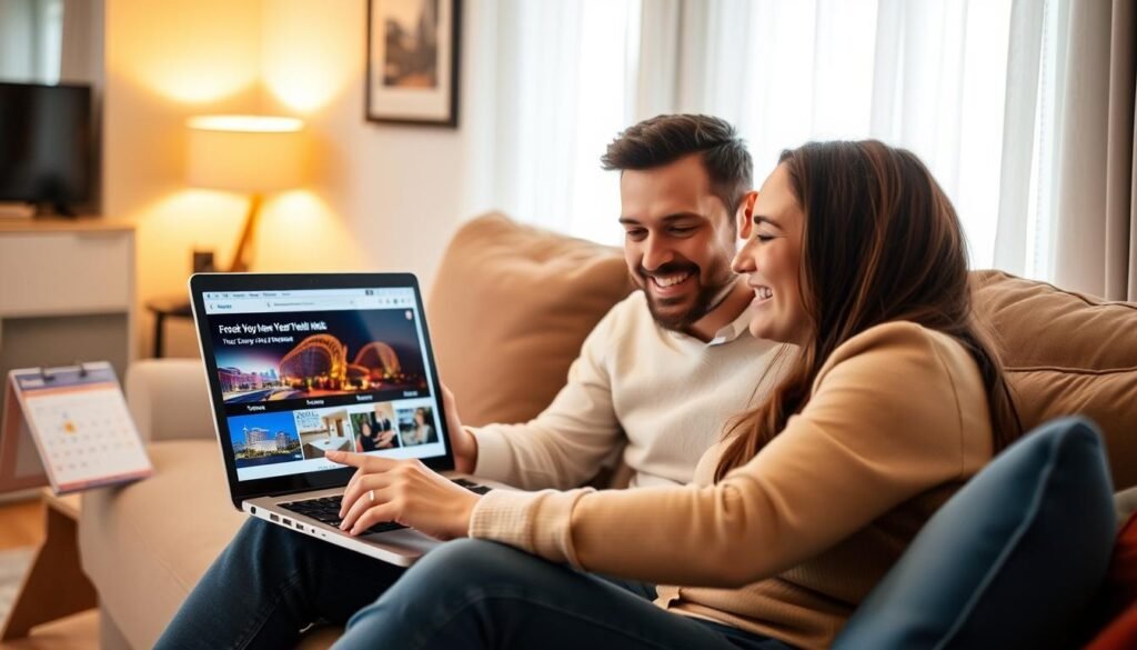 Couple making online reservation for Las Vegas New Year's Eve hotel stay