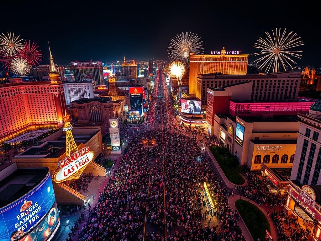 Crowded Las Vegas Strip during 2026 NYE celebration