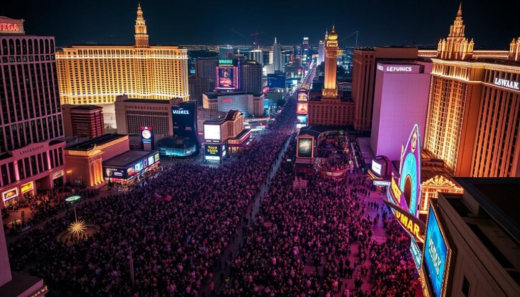 Crowded Las Vegas Strip during New Year's Eve celebrations with hotels in background