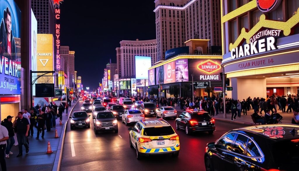 Crowded Las Vegas Strip on New Year's Eve with traffic and pedestrians
