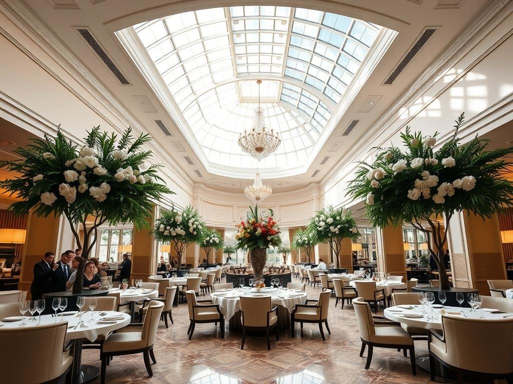 Elegant dining room at The Buffet at Wynn with natural light and floral decor