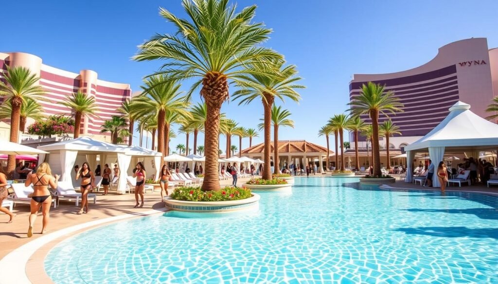 Encore Beach Club at Wynn Las Vegas with palm trees and cabanas