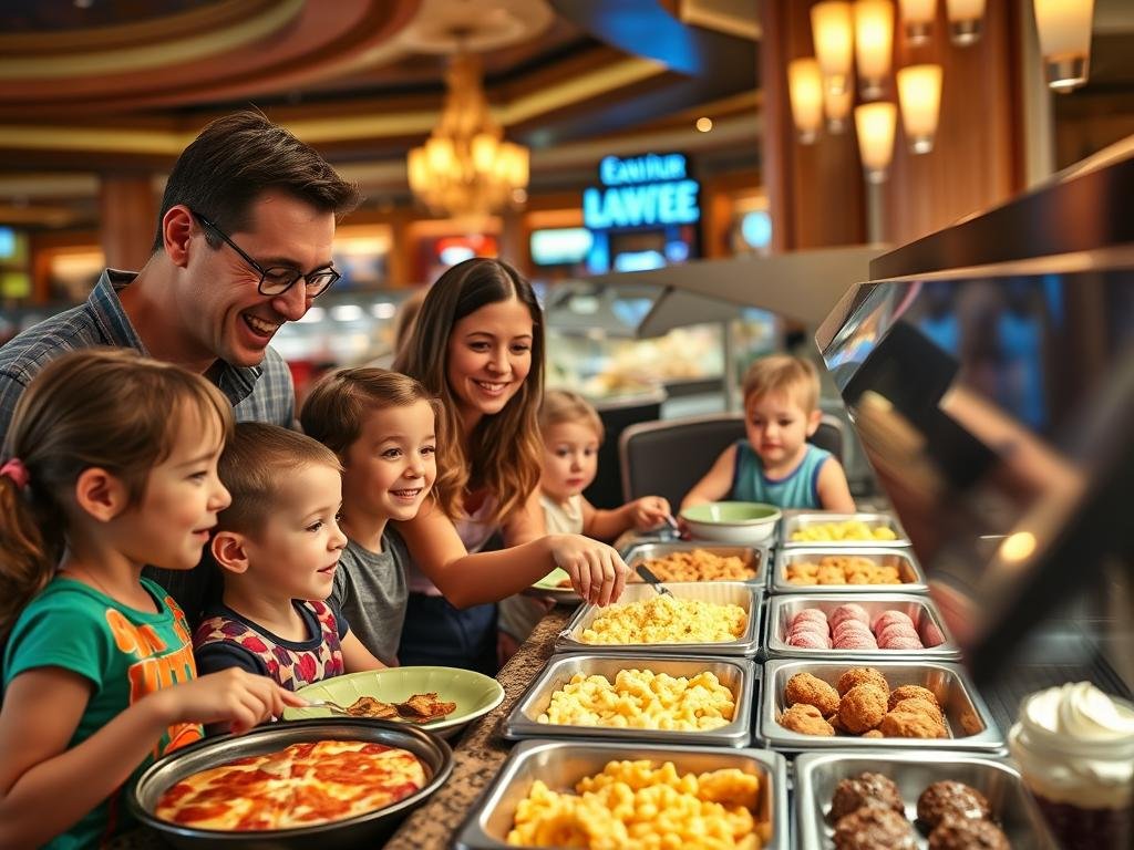 Family enjoying a buffet meal at Excalibur with kids-friendly options