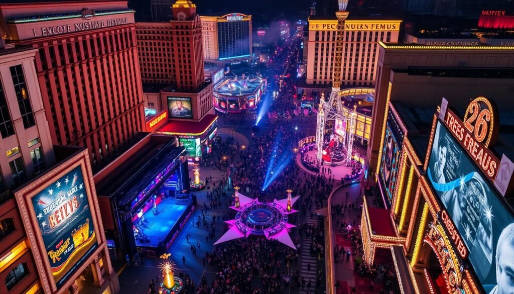 Fremont Street Experience New Year's Eve celebration with crowds and light show