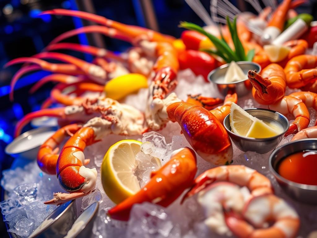 Fresh seafood display with crab legs and lobster at Bacchanal Buffet, considered the best buffet in Las Vegas for seafood lovers