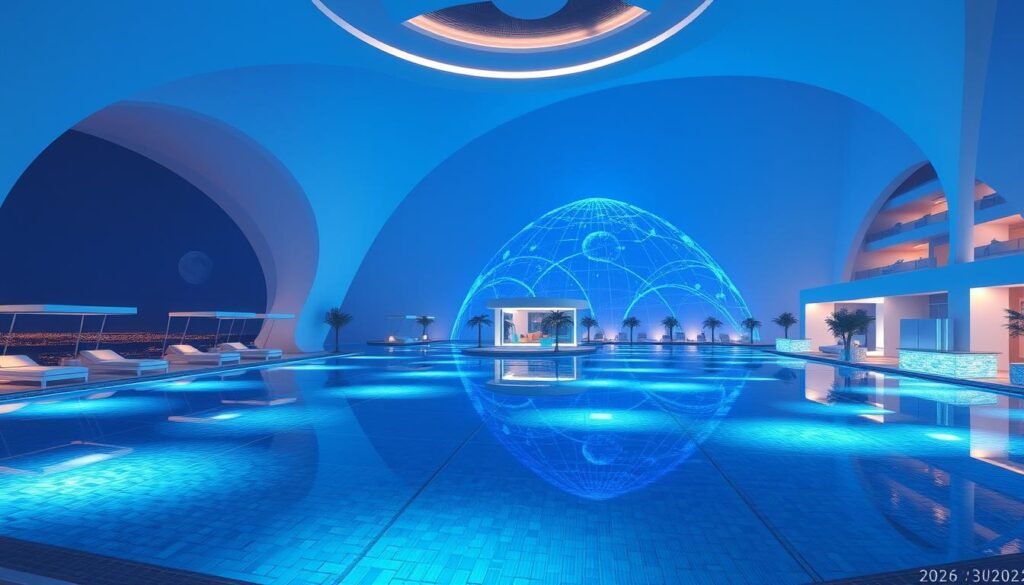 Futuristic Las Vegas hotel pool concept for 2026 with advanced features