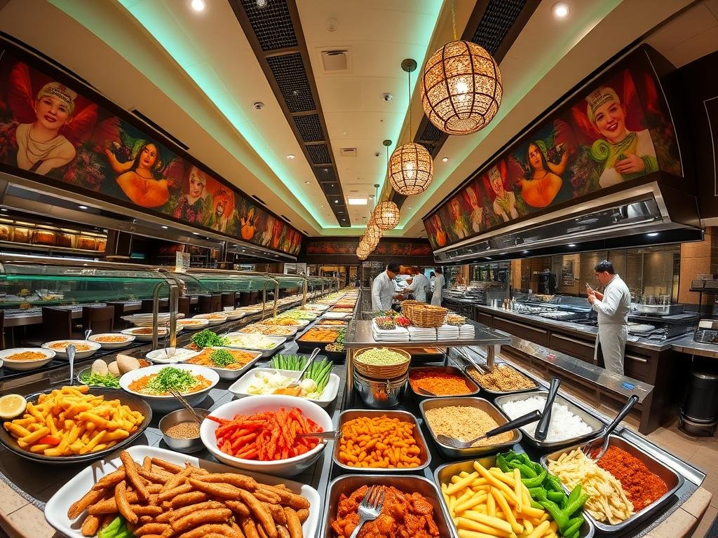 International cuisine stations at Bacchanal Buffet featuring diverse global dishes