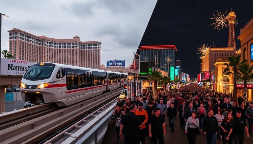 Las Vegas Monorail and pedestrians on New Year's Eve with Strip hotels visible