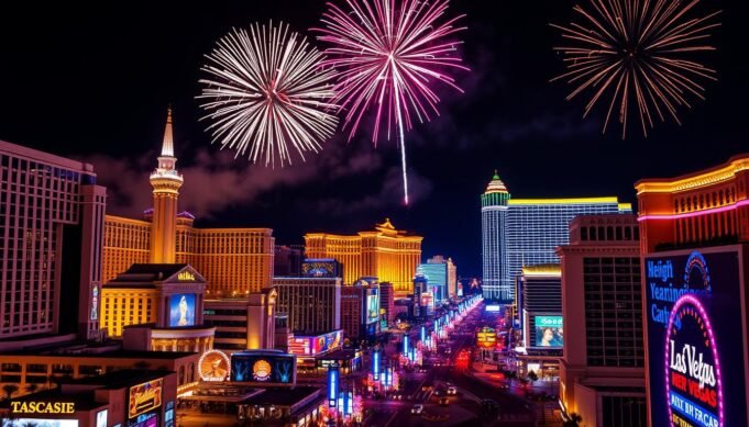Las Vegas Strip fireworks display for 2026 NYE Vegas hotel packages